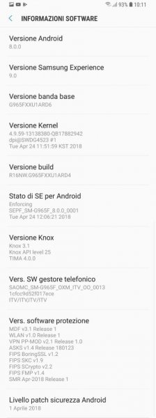 informazioni software samsung s9 plus