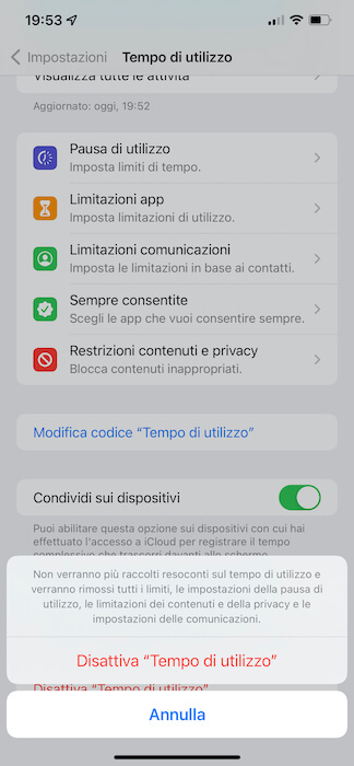 Disattiva Tempo Di Utilizzo Conferma