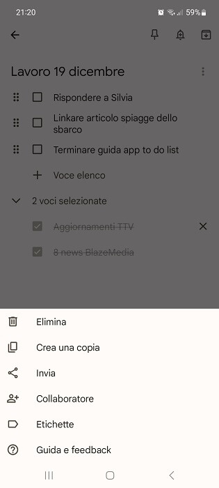 Google Keep Impostazioni Nota