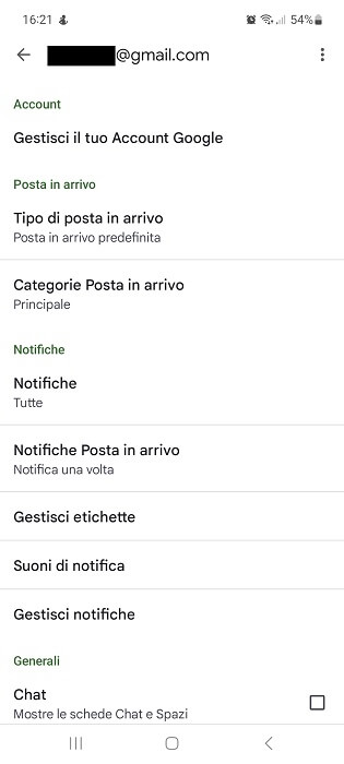 Gmail Android Lista Impostazioni Account