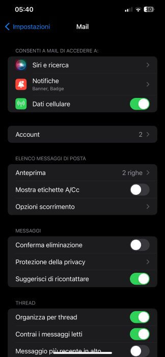 Impostazioni Iphone Mail