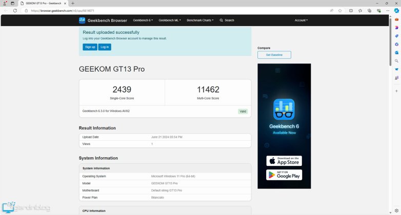 Geekom GT13 Pro Benchmark Geekbench 6 0