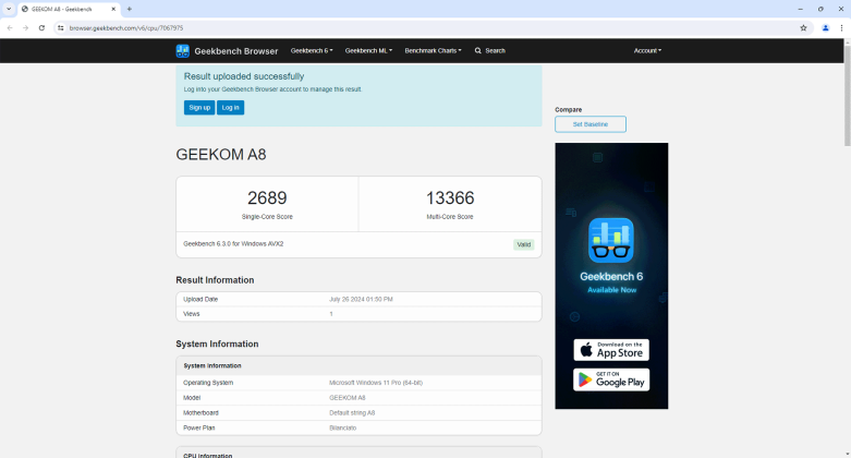 Geekom A8 Geekbench 6 Cpu