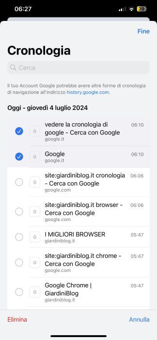 Selezione Cronologia Google Chrome