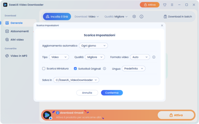 Easeus Video Downloader Impostazioni