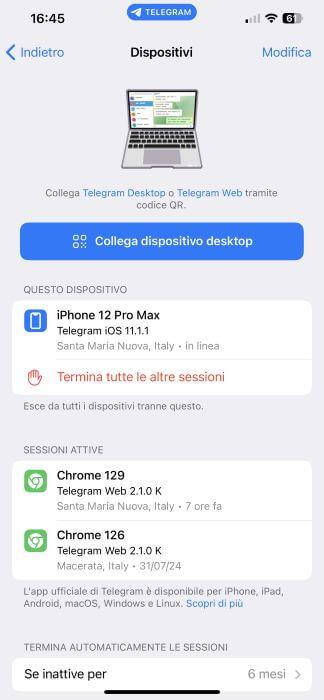 Scheda Dispositivi App Telegram